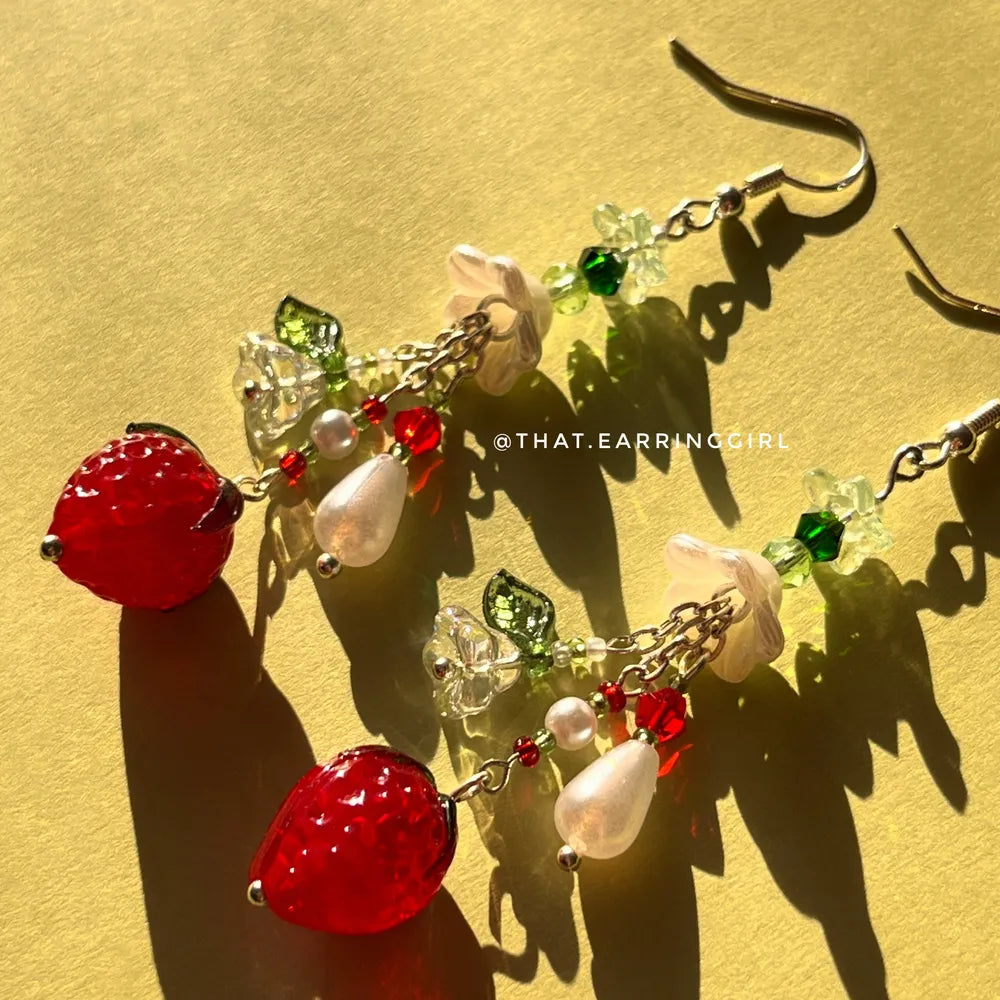 Strawberry Dewdrops - Handmade Earrings
